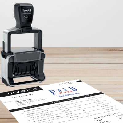 picture of Trodat Professional Date Stamp above a paper invoice with a blue and red PAID date stamp impression
